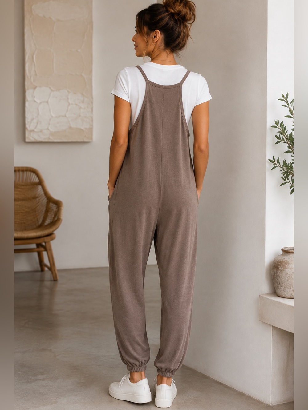 Sundry Brown Slouchy Jumpsuit White Tee Set Relaxed Jogger Comfy Lounge NWT S - Picture 9 of 15